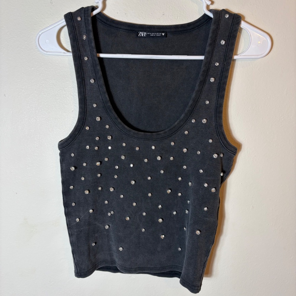Zara‎ Embellished Tank Top Ribbed Knit Rhinestone Gray Size Medium